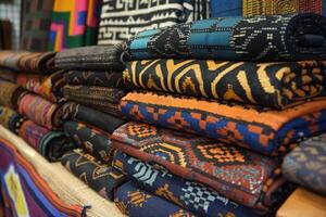 collection of vibrant, patterned textiles stacked neatly photo