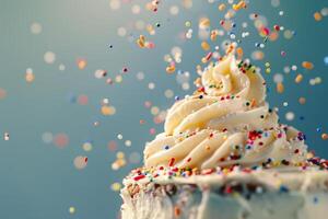 sprinkles cascading over a frosted cake in a soft-focus shot photo