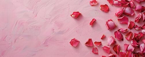 Blush pink textured background with scattered red rose petals photo