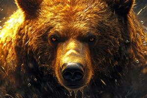 Brown bear emerging from dark water with menacing look during rain photo