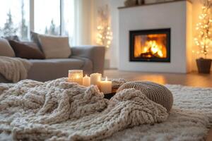 Cozy merino wool blanket and burning candles creating warm atmosphere in front of fireplace photo