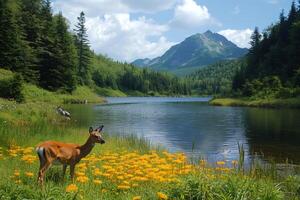 White-tailed deer standing near a mountain lake in summer photo