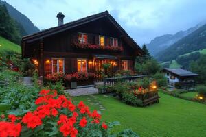 Charming wooden house glowing at dusk in the Alps with red flowers photo