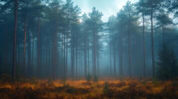 Fog arising in a mysterious pine forest at dawn photo
