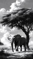 Large african elephant walking in the savanna under a tree and a cloudy sky, black and white image photo