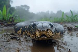 Dark anaconda snake emerging from muddy water in the Amazon Rainforest photo