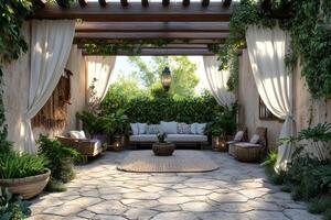 Mediterranean patio with pergola and curtains illuminating relaxing lounge area photo