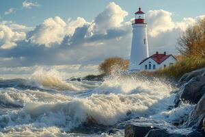 Crisp Point Lighthouse enduring powerful waves crashing on Lake Superior shore photo