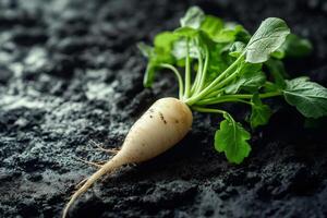 Fresh white radish with green leaves lying on dark soil photo