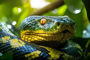 Emerald tree boa coiled on a branch, showing its scales and eye photo