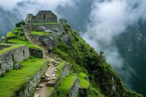 Tourist walking in Machu Picchu enjoying the ancient Inca citadel on a cloudy day photo