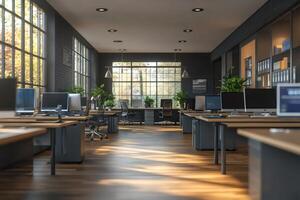 Modern open space office with natural light illuminating computers and desks photo