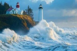 Cape Disappointment Lighthouse enduring a powerful ocean storm with crashing waves photo