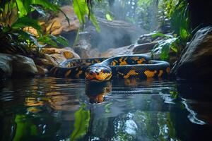Large python resting in tropical rainforest river photo
