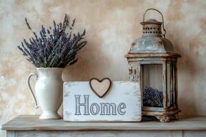 Home sign, lavender bouquet and rusty lantern create cozy atmosphere photo
