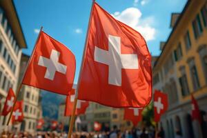 Many Swiss flags waving in the wind in a street during Swiss National Day photo