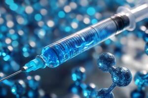 Syringe injecting blue liquid into molecule structure photo