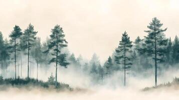 Mysterious foggy forest landscape with pine trees emerging from the mist photo