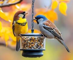 Chestnut sparrow and Eurasian tree sparrow eating seeds from bird feeder in autumn photo