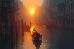 Gondolas navigating Venice canals in the fog at sunrise photo