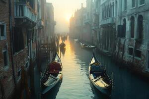 Gondolas floating on Grand Canal in Venice at sunrise with fog photo
