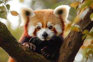 Firefox, red panda, is relaxing on a tree branch, looking at the observer photo