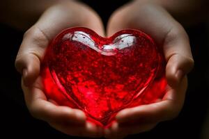 Hands holding glowing red heart against dark background photo