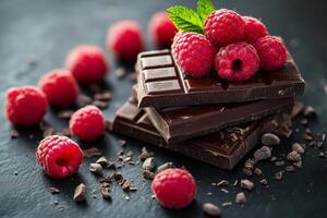 Stack of dark chocolate with fresh raspberries and mint leaf on slate photo