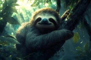 Smiling sloth relaxing on a tree in the jungle photo