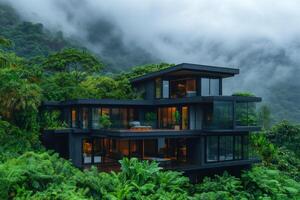 Modern sustainable house blending with the jungle landscape during a misty morning photo
