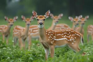Young sika deer standing in tall grass with herd in background photo