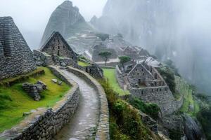 Machu Picchu ruins emerging from the fog in a rainy day. photo