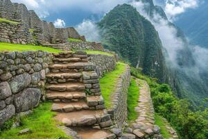 Exploring ancient ruins of Machu Picchu with its majestic stone steps and lush green terraces photo