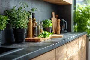 Aromatic herbs, spices and olive oil creating cozy atmosphere in modern kitchen photo