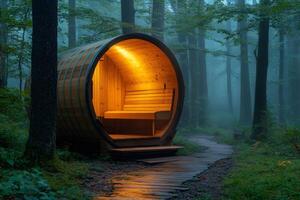 Barrel sauna glowing in foggy forest at twilight photo