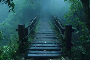 Wooden bridge disappearing into the fog in a mysterious forest photo