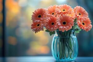 Peach gerbera daisies in a blue vase are standing on a table photo