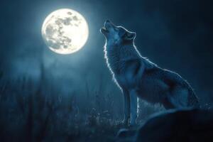 Gray wolf howling at the full moon in a field at night photo