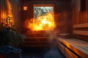 Warm light entering sauna room through window at sunset photo