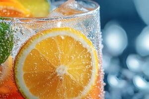 Refreshing citrus cocktail with ice and bubbles in a glass photo