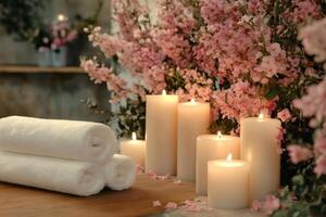 Rolled white towels and burning candles creating a relaxing spa atmosphere photo
