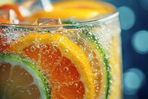 Refreshing citrus fruit slices sparkling in a glass with ice cubes photo