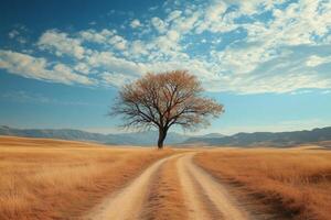 Lone tree in a vast field with a winding dirt path photo