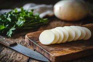 Chef slicing fresh white radish on wooden cutting board with parsley photo