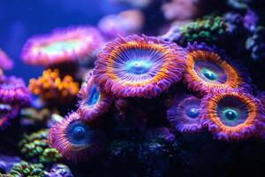 Vibrant coral polyps thriving in a colorful reef ecosystem. photo