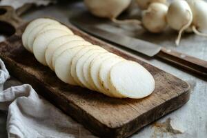 Chef slicing fresh white turnips on wooden cutting board photo