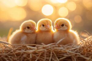 Three cute baby chickens are huddling together in a nest at sunset photo