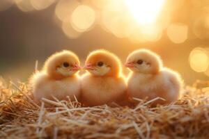 Three cute baby chickens cuddling together in the warm sunlight on straw photo