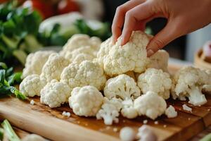 Chef preparing fresh cauliflower florets on cutting board photo
