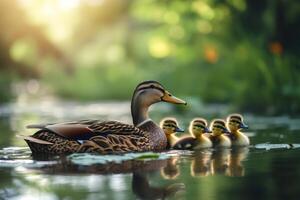 Mother duck swimming with ducklings on a river at sunset photo